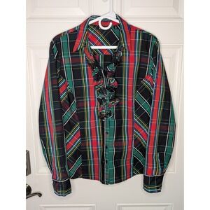 NY & Co 7th Avenue Shirt Womens XL Plaid Ruffle Retro V Neck Button Down EUC